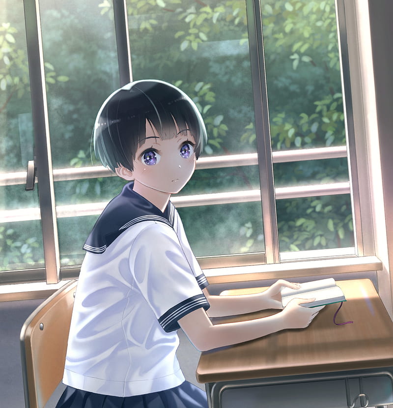 anime girl, seifuku, short hair, school uniform, classroom, Anime, HD phone wallpaper