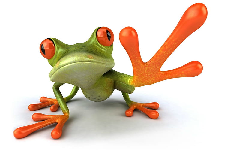 Frog, fantasy, green, orange, paw, funny, white, HD wallpaper