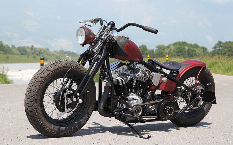 bobber, custom motorcycle, exterior, cool motorcycles, red black motorcycle, HD wallpaper