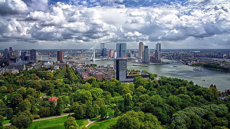 Aerial View Of Netherlands Harbor Rotterdam Under White Clouds Blue Sky Travel, HD wallpaper