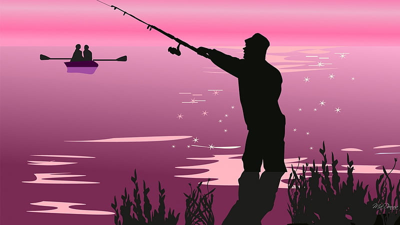 Fishing at Sunset, boars, rod, reeds, lake, fisherman, sport, waders, river, pink, fishing, HD wallpaper
