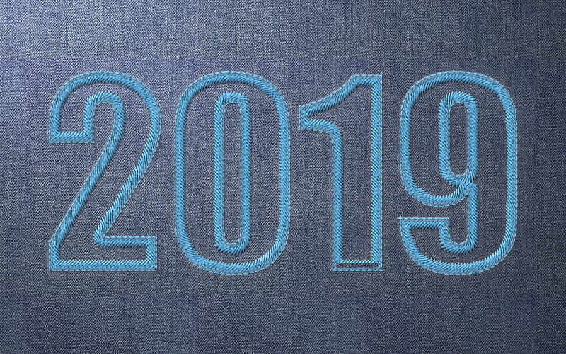 2019 year, blue fabric, embroidery, blue background, 2019 concepts, Happy New Year 2019, HD wallpaper