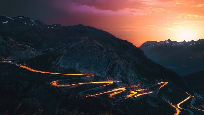 Sunset Trails Mountains Road Long Exposure , sunset, mountains, nature, long-exposure, lights, HD wallpaper