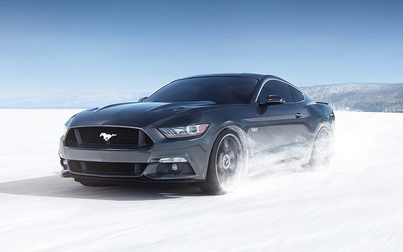 Ford Mustang, 2018, gray sports coupe, winter driving, snow riding, sports car, USA, Ford, HD wallpaper