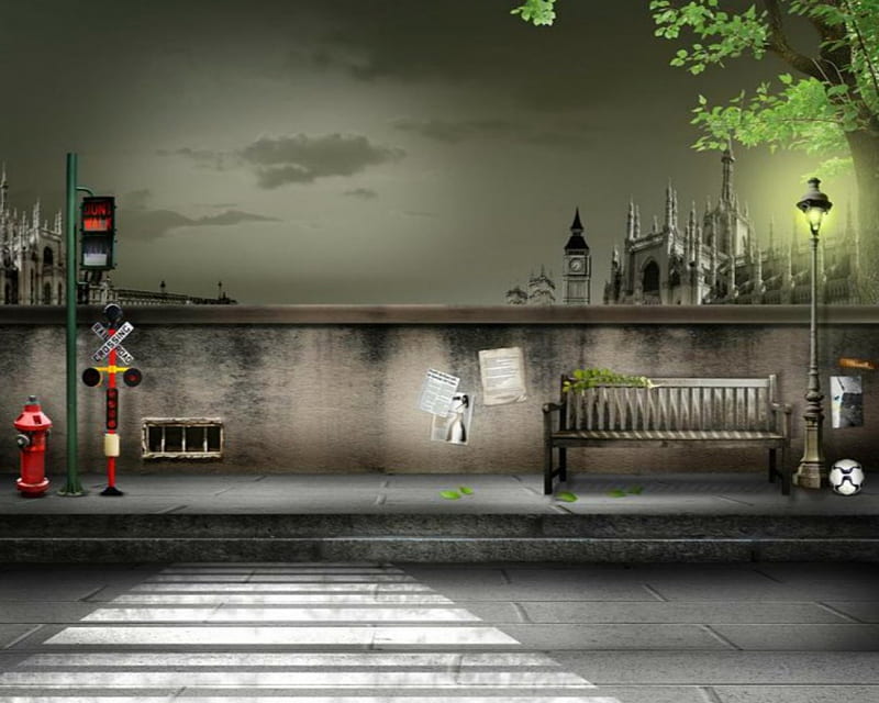 Street, bench, lamp, night, HD wallpaper