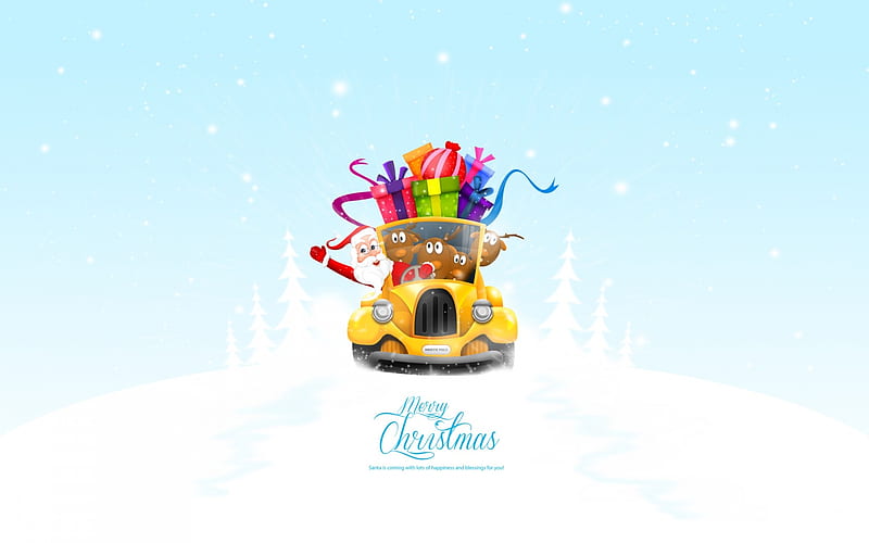 Merry Christmas!, craciun, christmas, gift, minimalistic, card, santa, car, funny, reindeer, HD wallpaper