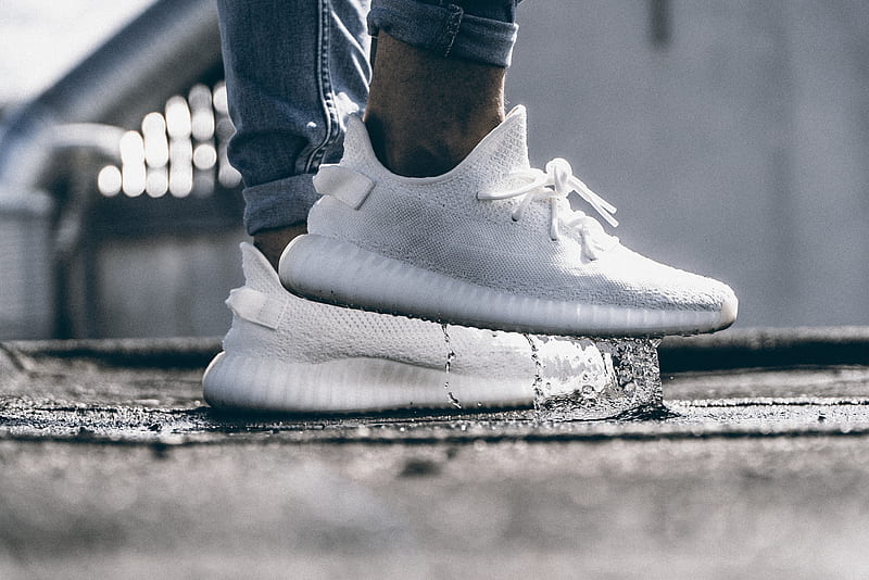 person wearing pair of cream white Adidas Yeezy Boost 350 shoes, HD wallpaper