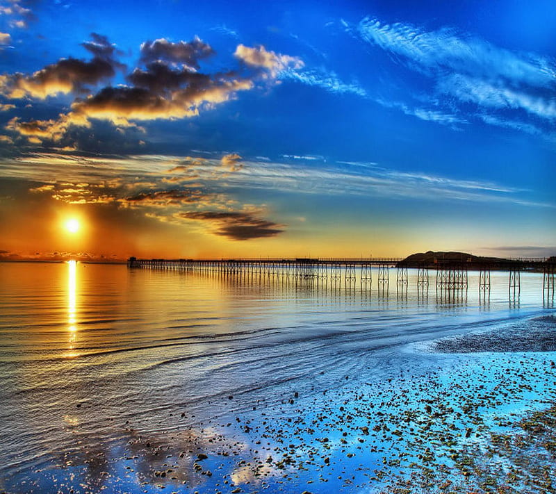Nice, ocean, sunset, pier, HD wallpaper