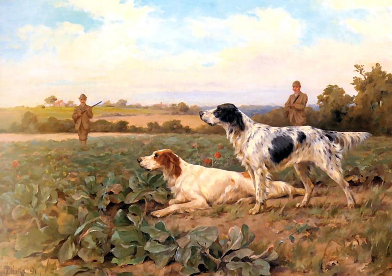 In The Field Shooting - Dogs, art, old master, bonito, pets, illustration, artwork, canine, animal, Thomas Blinks, Blinks, painting, wide screen, landscape, dogs, HD wallpaper