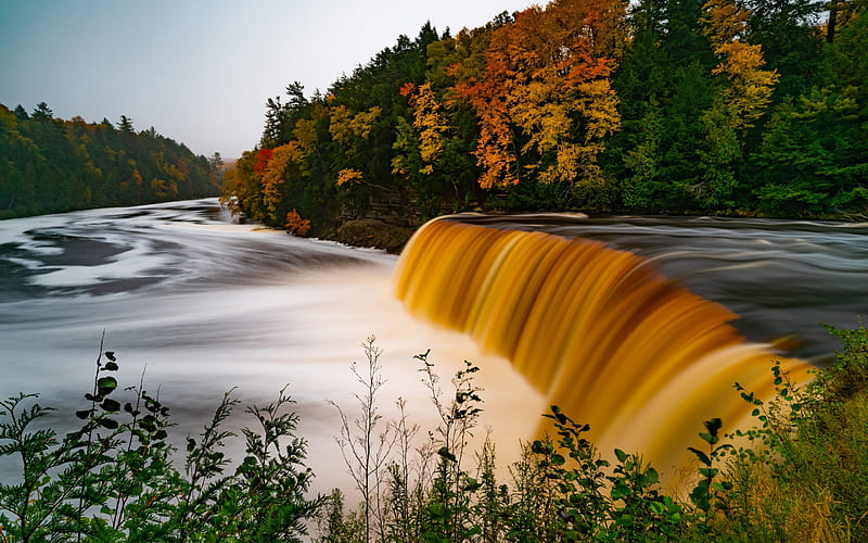 Tahquamenon Falls, Luce County, evening, waterfall, forest, river, beautiful waterfall, Michigan, USA, HD wallpaper