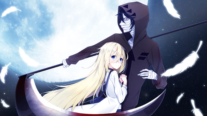 angels of death rachel gardner satsuriku no tenshi zack with weapon around flying feathers with background of moon and stars games, HD wallpaper
