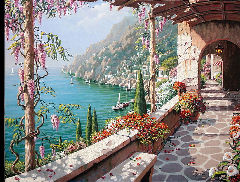 Villa in Capri, capri, villa, view, ocean, painting, HD wallpaper