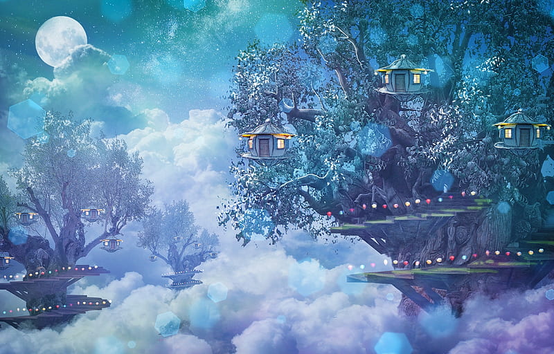 Elven city, moon, elf, annewipf, white, pink, blue, luminos, moon, city, fantasy, HD wallpaper