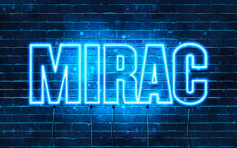 Mirac with names, Mirac name, blue neon lights, Happy Birtay Mirac, popular turkish male names, with Mirac name, HD wallpaper