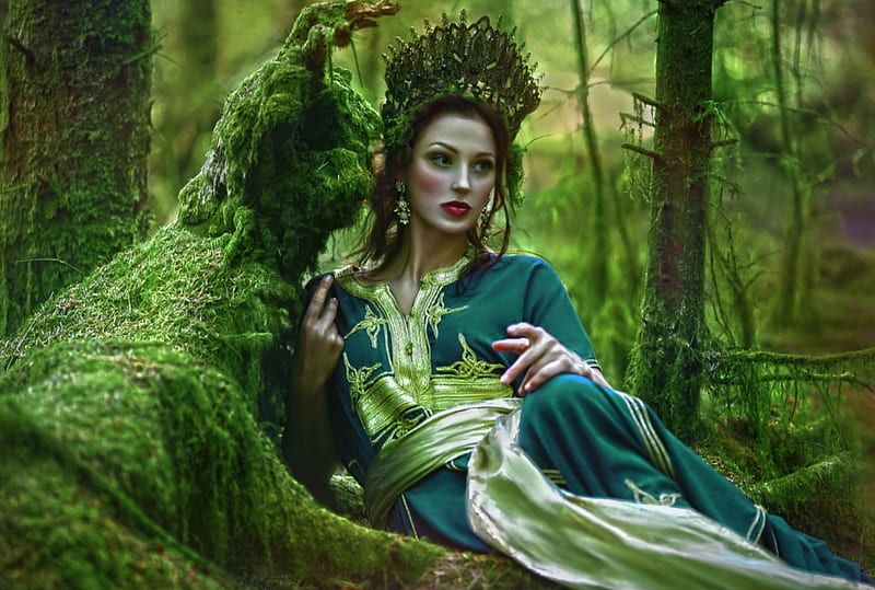 Whispers, forest, fawn, model, woods, woman, girl, green, agnieszka lorek, blue, HD wallpaper