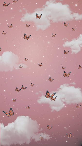 cloudy sky, aesthetic, butterflies, clouds, pink, stars, HD phone wallpaper