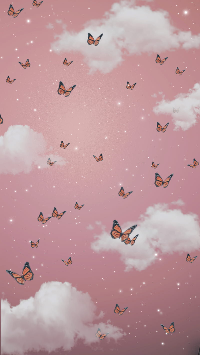 Cloudy sky, aesthetic, butterflies, clouds, pink, stars, HD phone wallpaper  | Peakpx