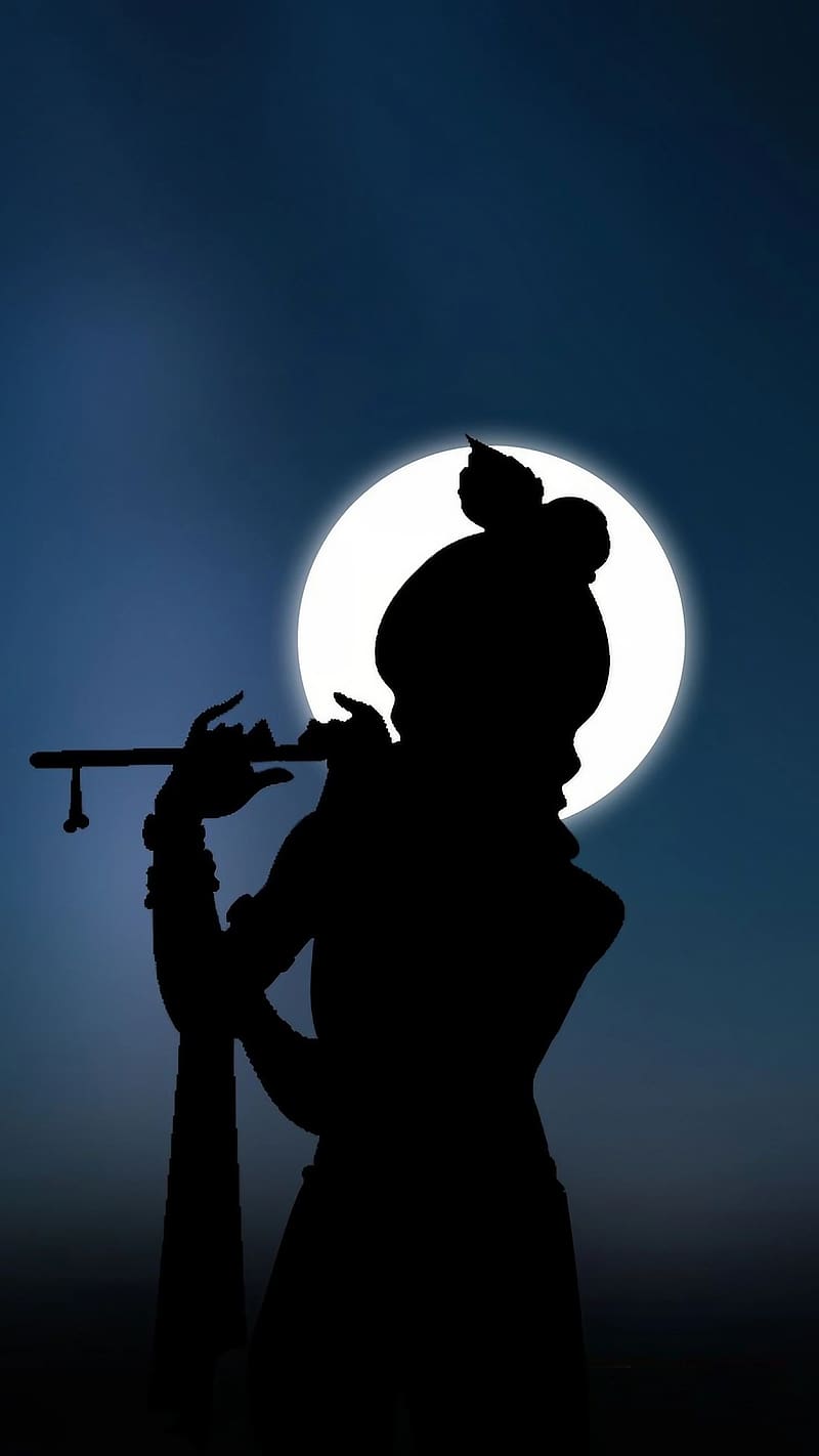 Krishna Ji Wala, Silhouette, moon background, shadow effect, lord ...