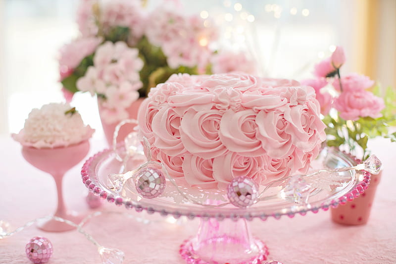 Sweet Cake, Pink, Cake, Cream, Garland, Flowers, Ball, HD wallpaper