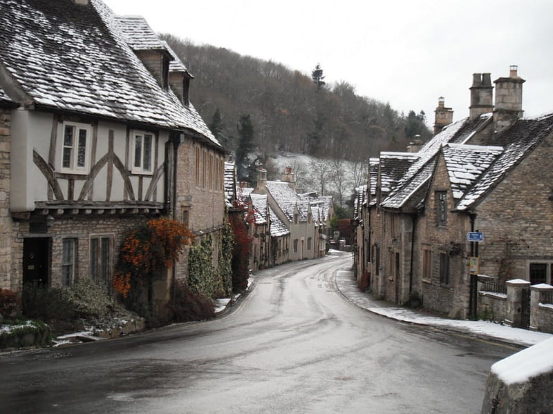 Street, old town, snow, town, home, old, England, HD wallpaper