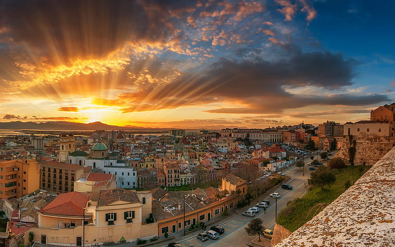 old city, sunset, cityscape, houses, Cagliari, Italy, HD wallpaper