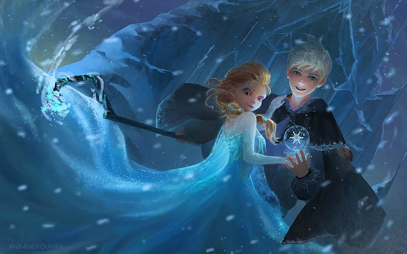 Elsa and Jack, art, elsa, black, jack frost, valentine, winter, snowflake, fantasy, snow, snow queen, magical, frozen, princess, couple, disney, blue, HD wallpaper