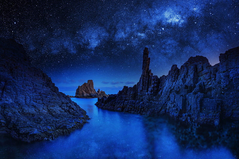 Ocean Rocks Blue Sky, ocean, rocks, blue, night, sky, nature, HD wallpaper