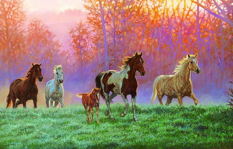 Morning Sun, painting, foal, trees, artwork, horses, meadow, mist, HD wallpaper