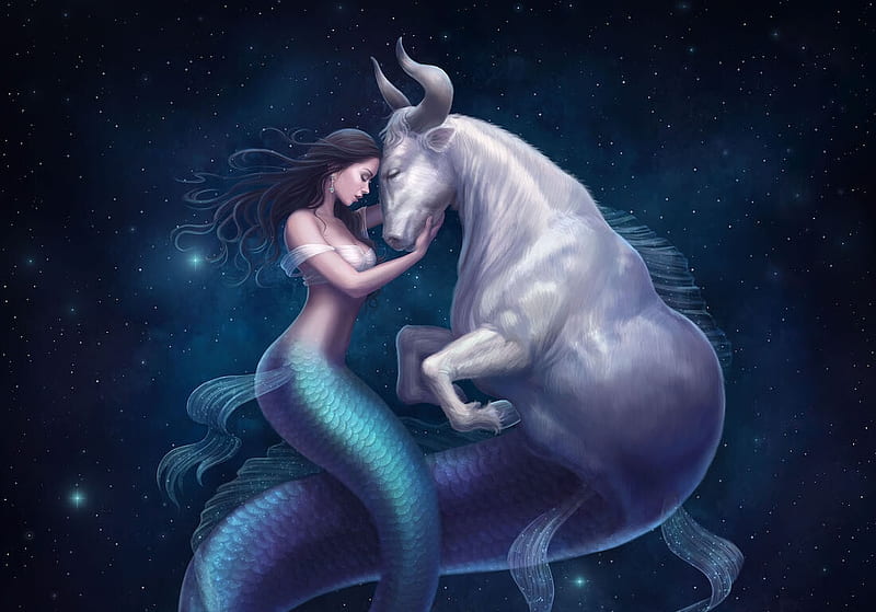 Zodiac ~ Taurus, cow, frumusete, zodiac, mermaid, yasushi matsuoka, superb, taur, vara, fantasy, girl, taurus, summer, siren, blue, gorgeous, HD wallpaper