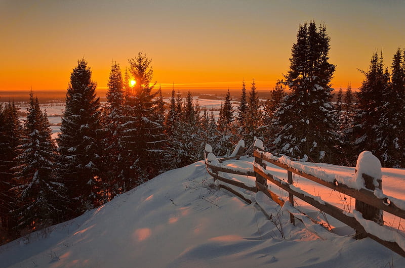 Winter Sunset, hills, fence, trees, snow, sky, HD wallpaper