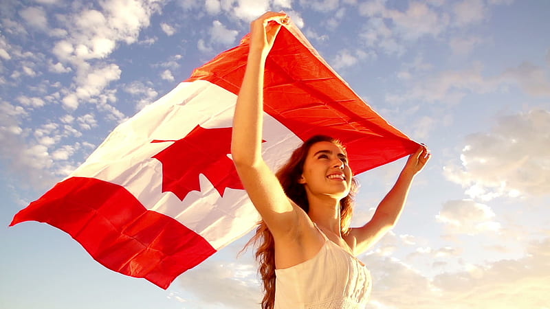Pretty Woman Holding Canadian Flag in the Clouds, Canadian, Breeze, Beautiful Smile, Red, Sky, Lovely, White, Model, White Dress, Maple Leaf, Canada, Clouds, Flag, Woman, HD wallpaper