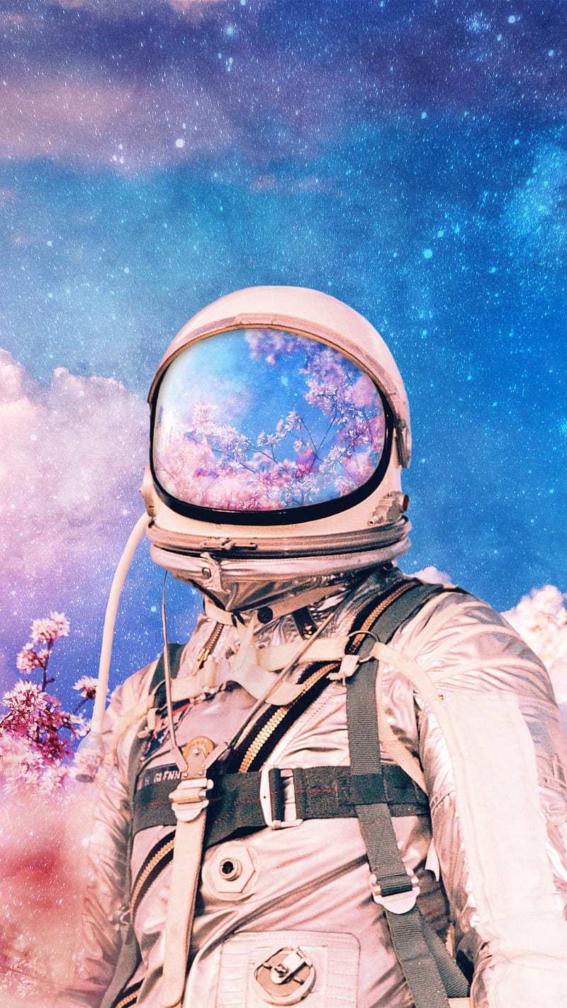 Cloud Nine, astronaut, flower, interstellar, sakura, space, stars, universe, HD phone wallpaper