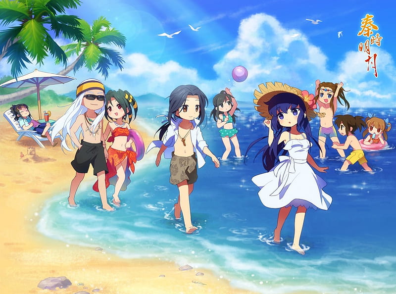 Beach Party, pretty, dress, cg, adorable, play, sea, sweet, beach, ball, nice, anime, anime girl, playing, enjoy, female, cloud, lovely, ocean, gown, swinsuit, sky, chibi, hat, bikini, happy, cute, kawaii, water, girl, sundress, scene, HD wallpaper