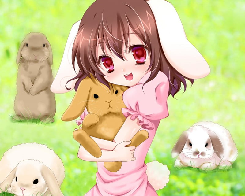 Bunny Chan, grass, animal, sweet, anime, love, anime girl, rabbit, female,  lovely, HD wallpaper