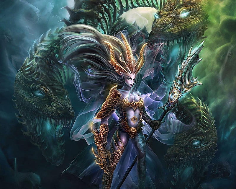 Dragon Lady, crown, woman, dragons, spirits, armour, HD wallpaper | Peakpx