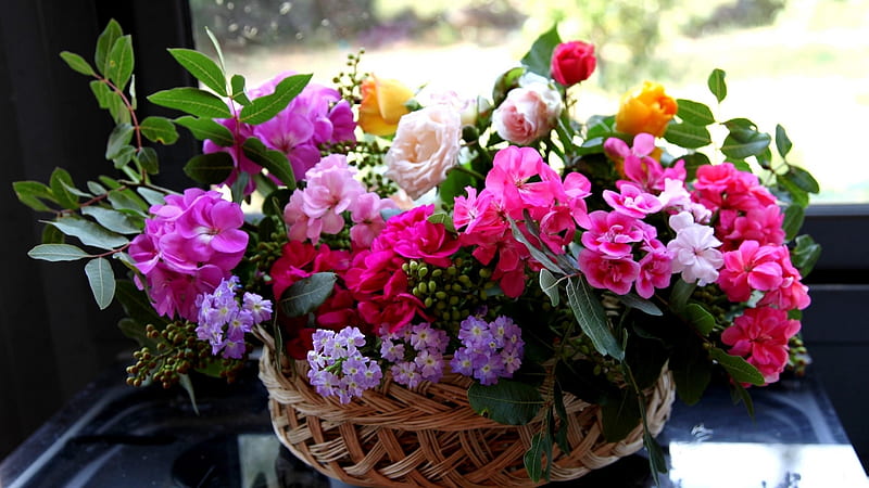 Many Flowers, composition, basket, different, flowers, nature, roses, many, HD wallpaper