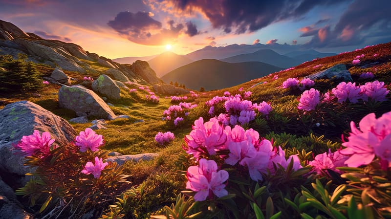 Pink flowers in mountain, wildflowers, summer, pink, slope, view, spring, sunset, mountain, beautiful, HD wallpaper