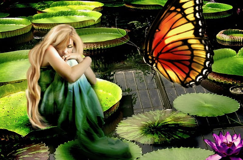 Sad Princess, leaves, water, butterfly, waterlillies, HD wallpaper