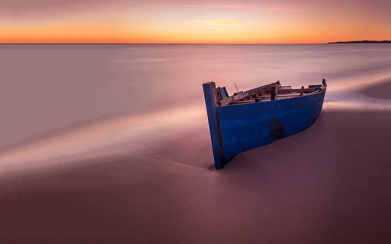 blue wooden boat, coast, seascape, sunset, evening, old boat, mood concepts, HD wallpaper