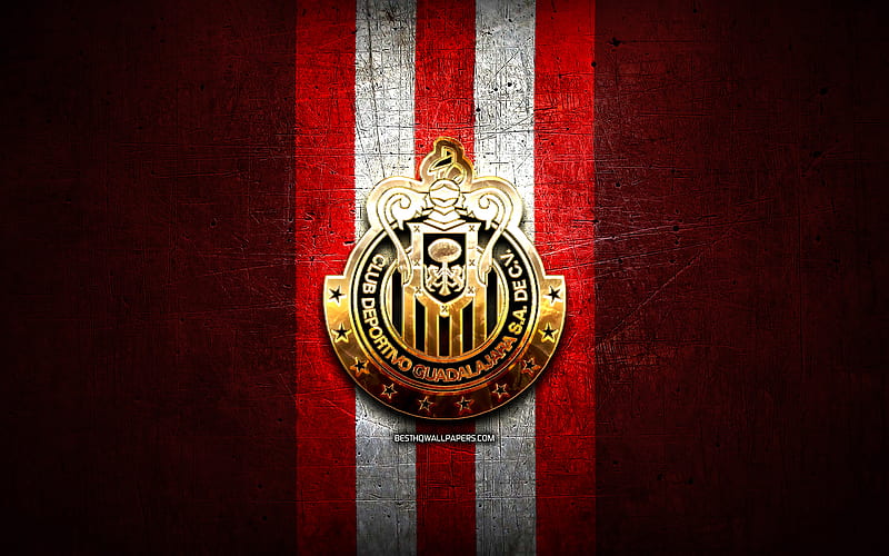 Guadalajara FC, golden logo, Liga MX, red metal background, football, CD Guadalajara, mexican football club, Guadalajara logo, soccer, Mexico, HD wallpaper