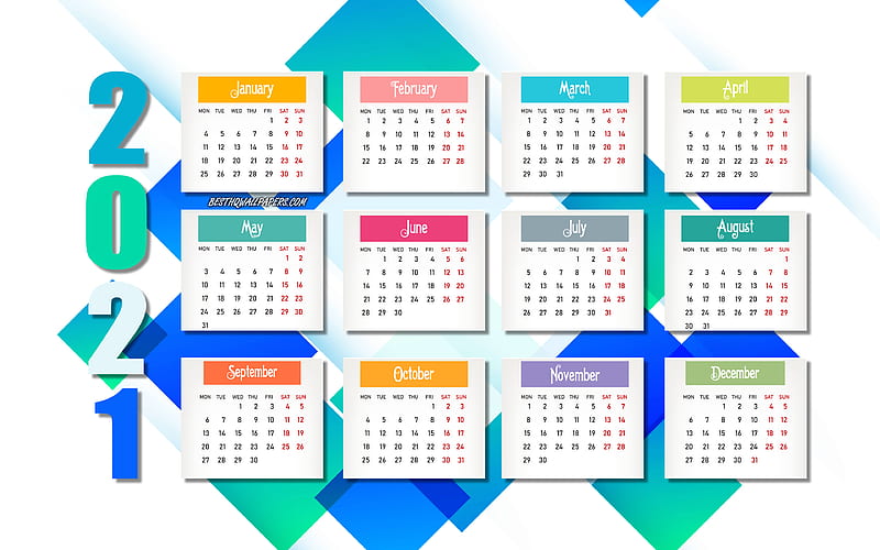 2021 Abstract Calendar, colorful background, 2021 all months calendar, paper elements, 2021 New Year, 2021 Calendar, HD wallpaper