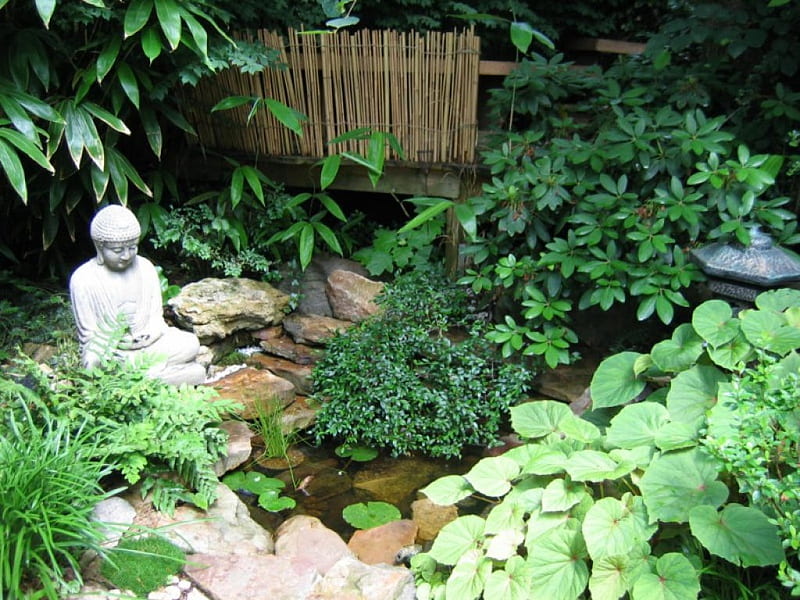 Japanese Garden, japanese, statue, bamboo fence, garden, fish pond, HD wallpaper