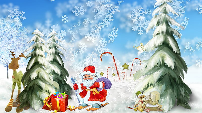 Visit From Santa, candy canes, feliz navidad, christmas, packages, firefox persona, trees, sky, ski, santa claus, snowing, snow, presents, reindeer, teddy bear, gifts, HD wallpaper