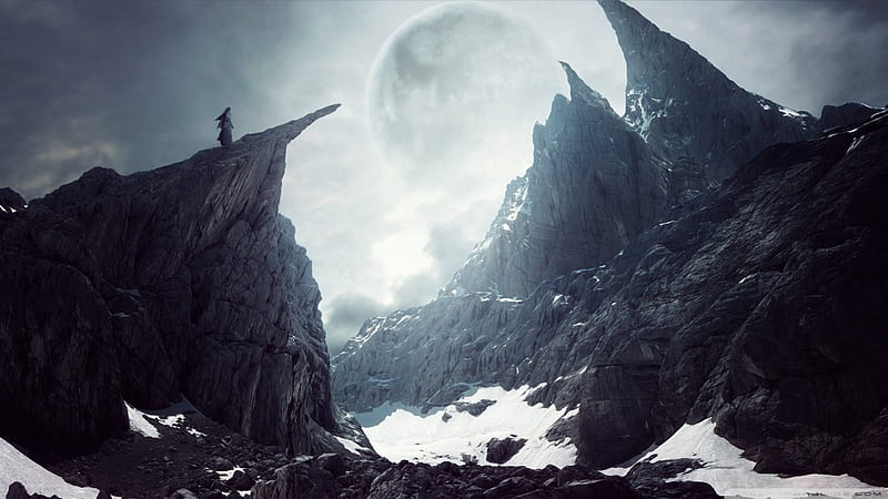 bleak, moon, rock, snow, cliff, woman, HD wallpaper