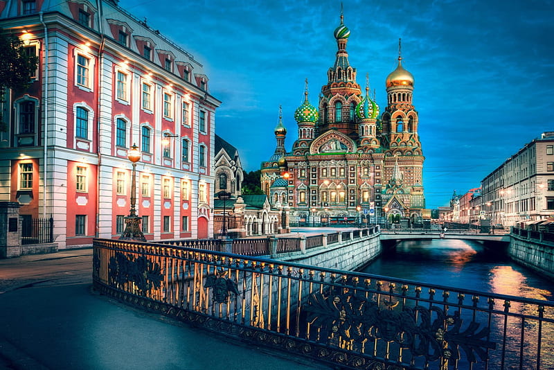 St. Petersburg, russia, bridge, buildings, river, r, church, HD wallpaper