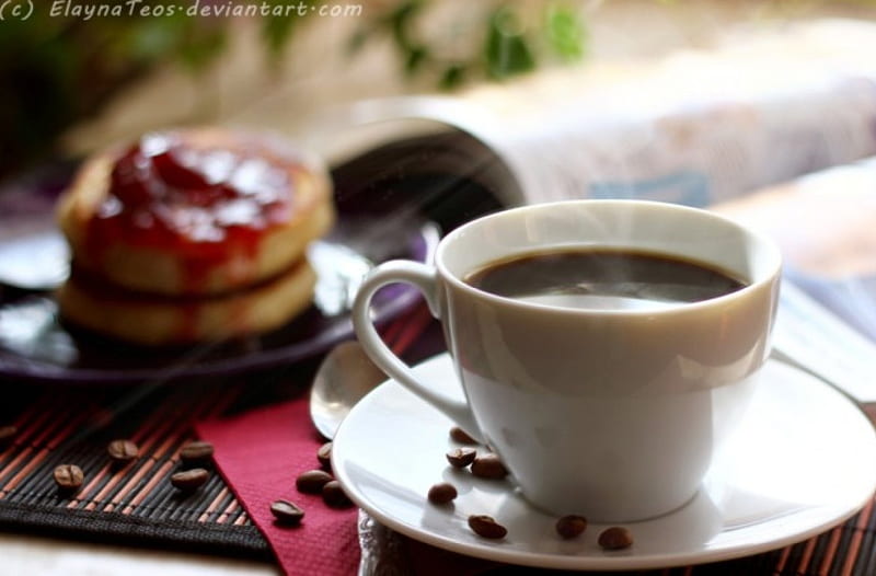 Coffee and Fritter with Jam, fritter, jam, coffee, saucer, HD wallpaper
