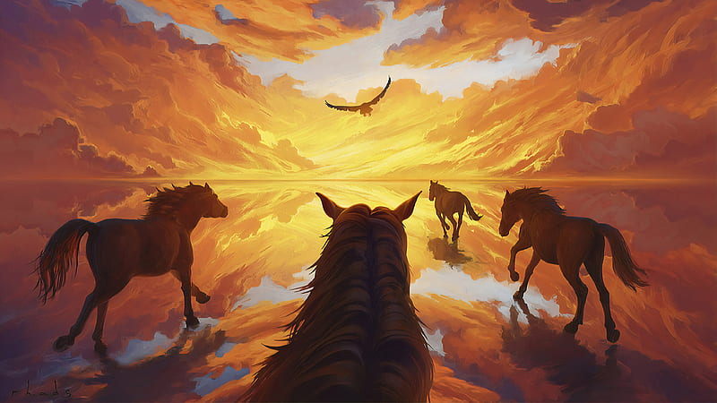 Horses Running Towards Light , horse, artist, artwork, digital-art, HD wallpaper