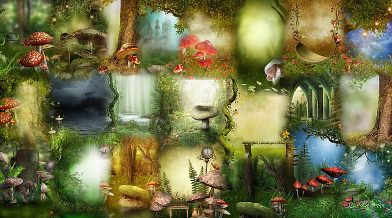Magical Forest Gardens, toad stools, flowers, glow, story book, fantasy, green, flowers, mythical, light, mystical, forest, collage, spring, magical, summer, mushrooms, fairy tales, HD wallpaper