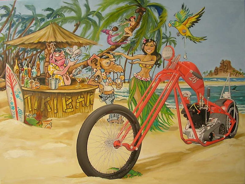 BAR BEACH, CARTOON, BAR, BEACH, MOTORCYCLE, TIKI, HD wallpaper