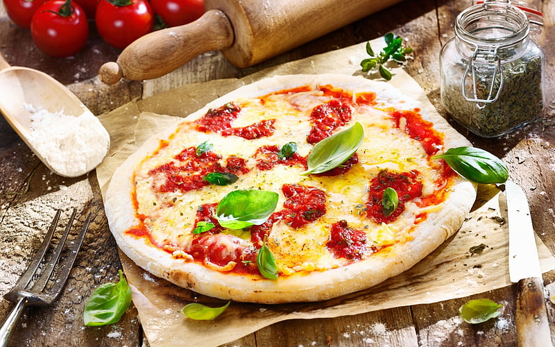 pizza, rolling pin, cheese, pepperoni, HD wallpaper